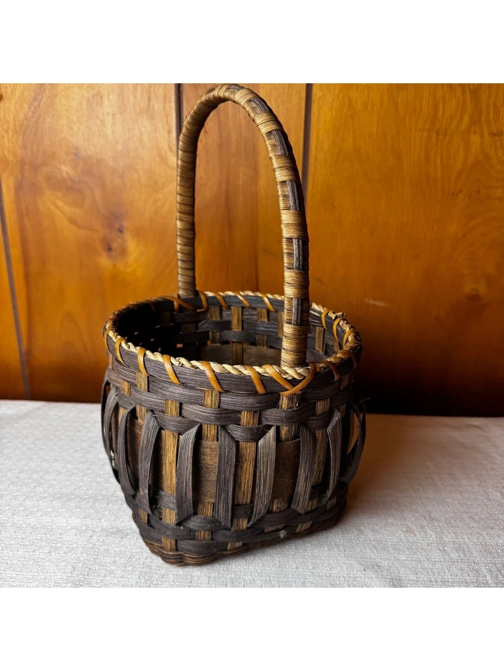 Handmade woven basket with tall handle 11.5 inch rustic farmhouse decor 87